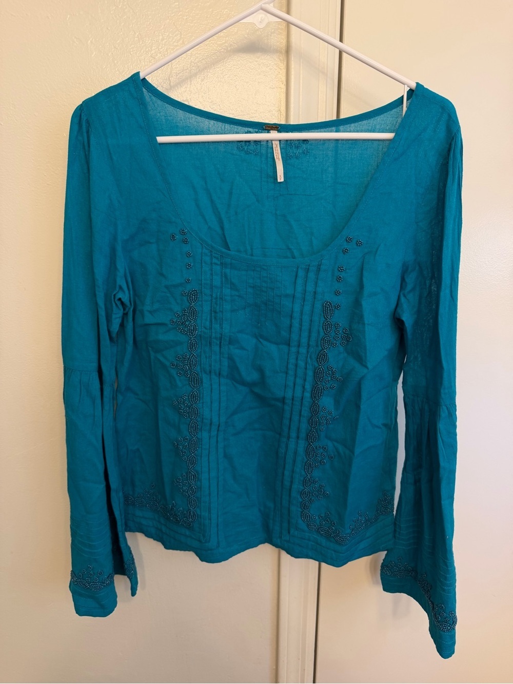 Free People Teal Beaded Scoop-Neck Long Sleeve Top Bell Sleeve Boho Chic Small